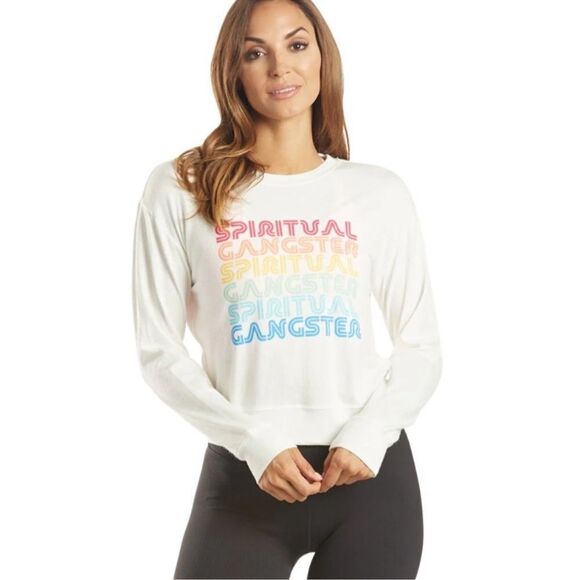 Spiritual Gangster L Savasana Crewneck Soft White Rainbow Lettering Pullover - Picture 6 of 16